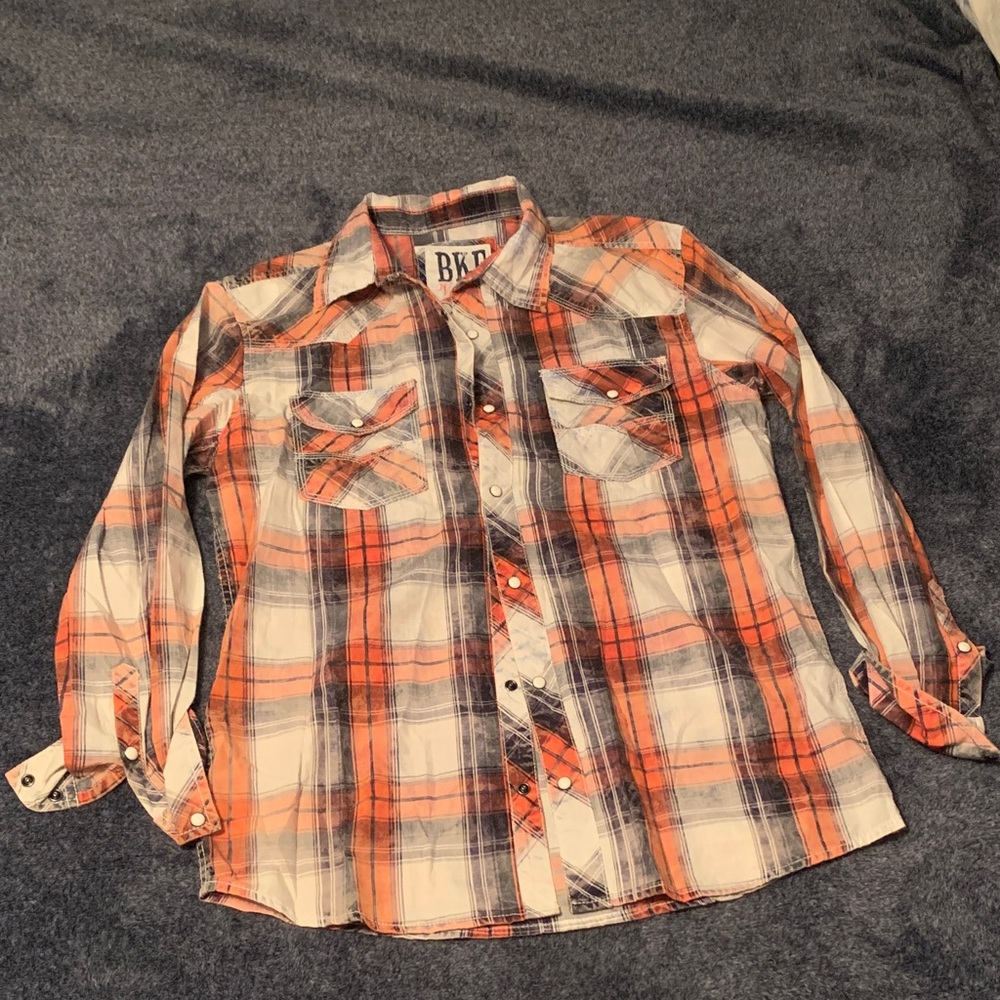BKE Men's Casual Orange and Blue Plaid Shirt